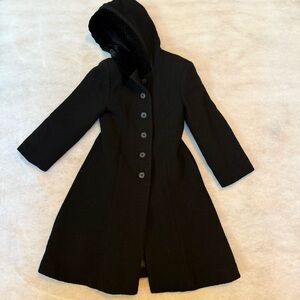 Rothschild Girls Black Hooded Wool Blend Dress Coat Size 8 Long A-Line 6-Button